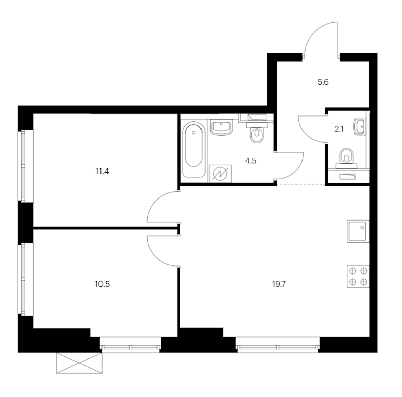 2-комнатная квартира 53.8 м², 9/12 эт., ЖК «Шкиперский 19»